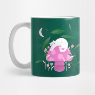 Cute white cat sleeping, mushroom and curious flowers version 3 Mug